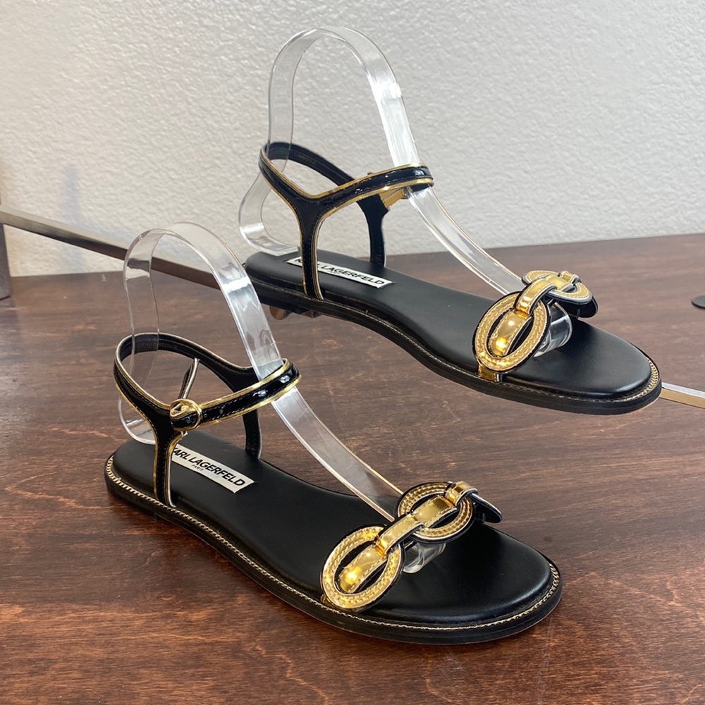 Karl Lagerfeld Paris, Gage Black/Gold Metallic Buckle Sandals, Women's Size 6.5
